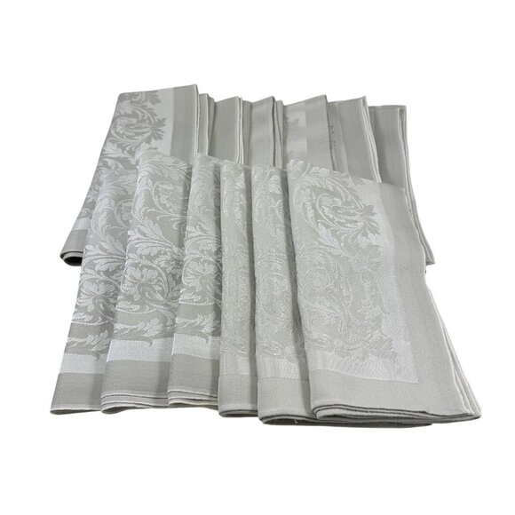Elegant Damask Linen Cloth Napkins Set 12 Slate Silver Light Gray Scroll Design - Picture 1 of 6